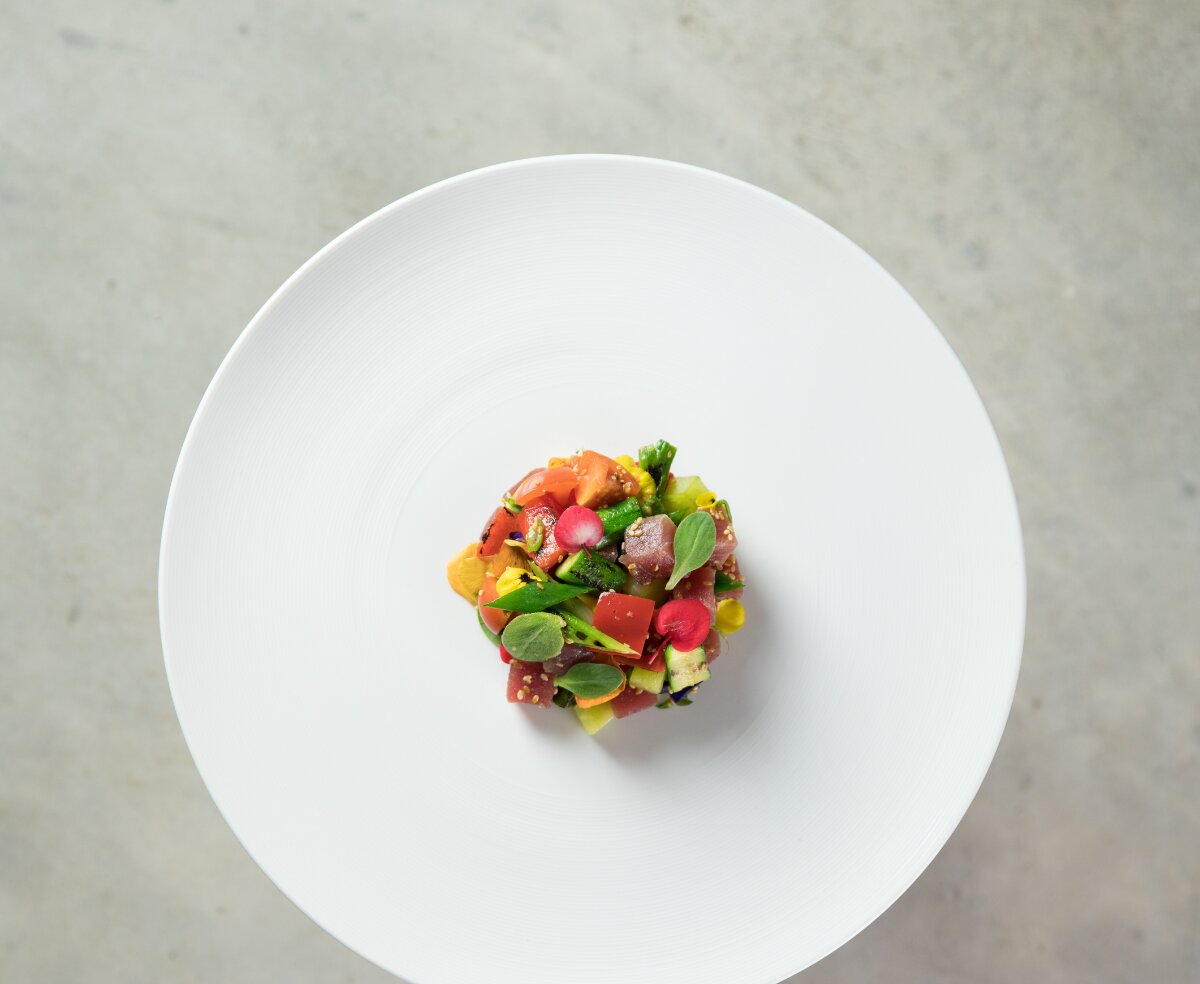 Tuna tartare on wide white plate