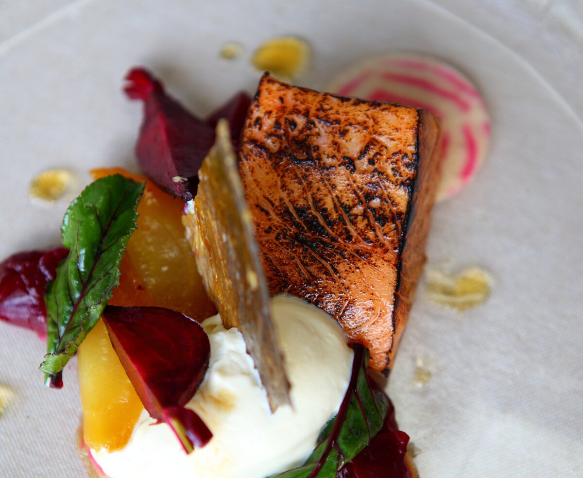 Charred salmon with beetroot and stone fruit