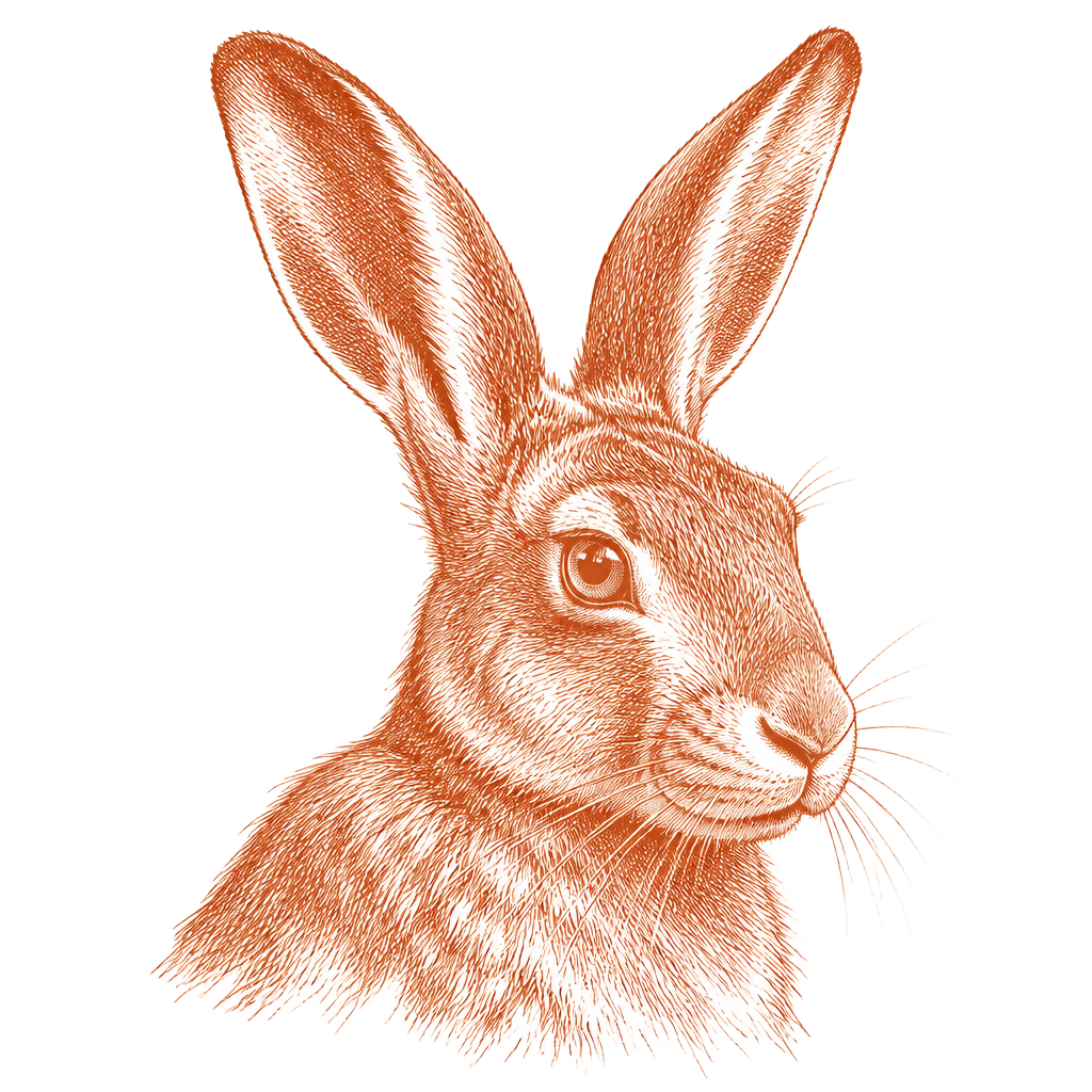 Eight Rabbits house mark, an etched hare, three-quarter view